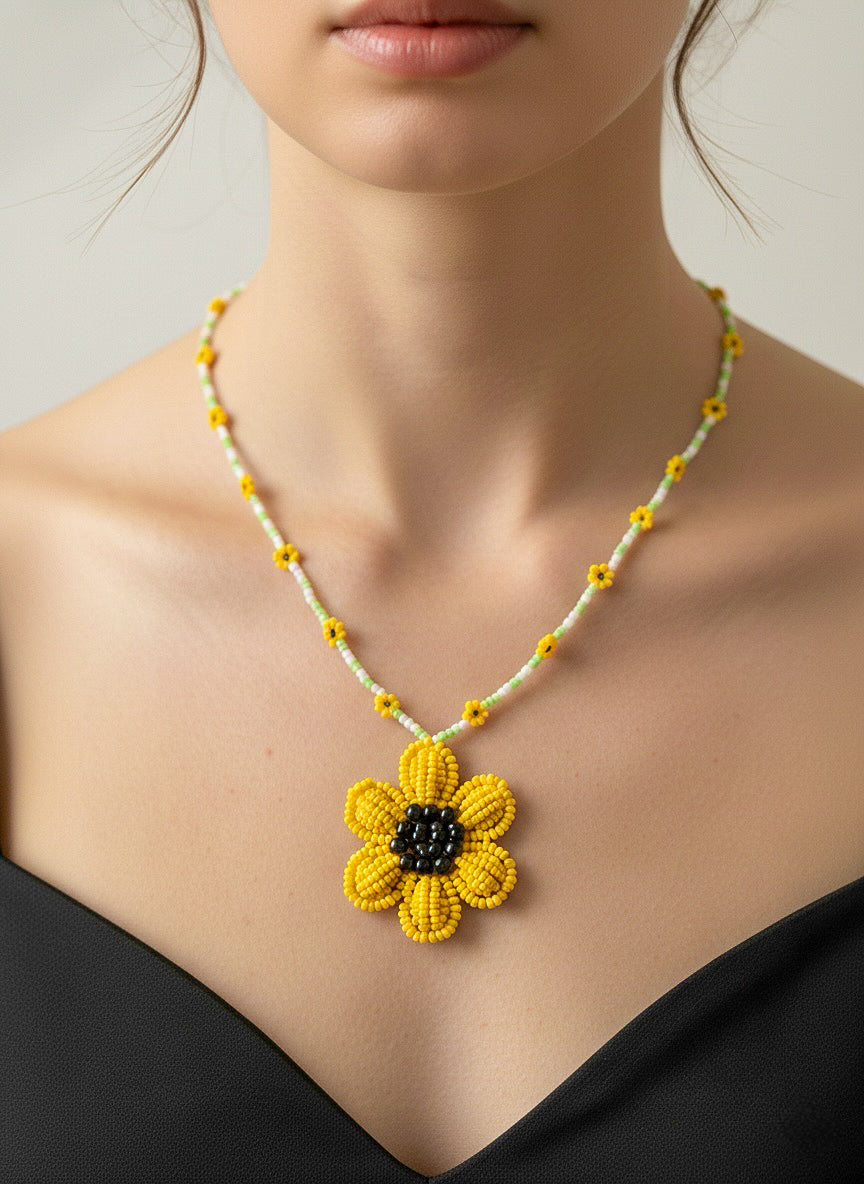 Spring Bloom Sunflower Handmade Beaded Necklace