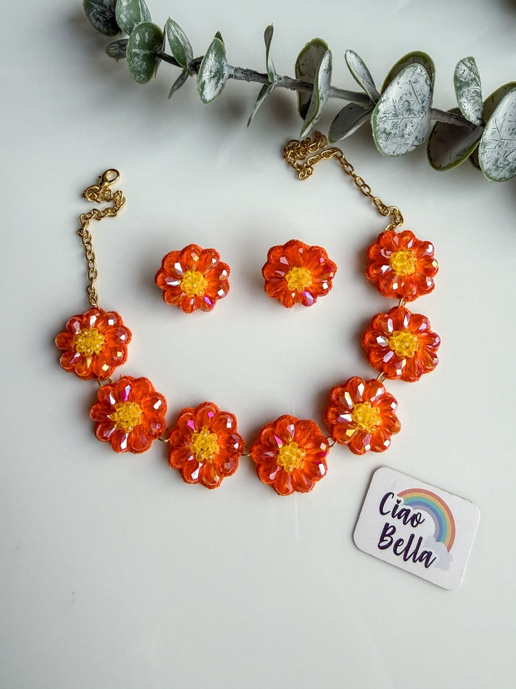 Sparkling Orange Daisy Handmade Beaded Necklace + Earrings Set