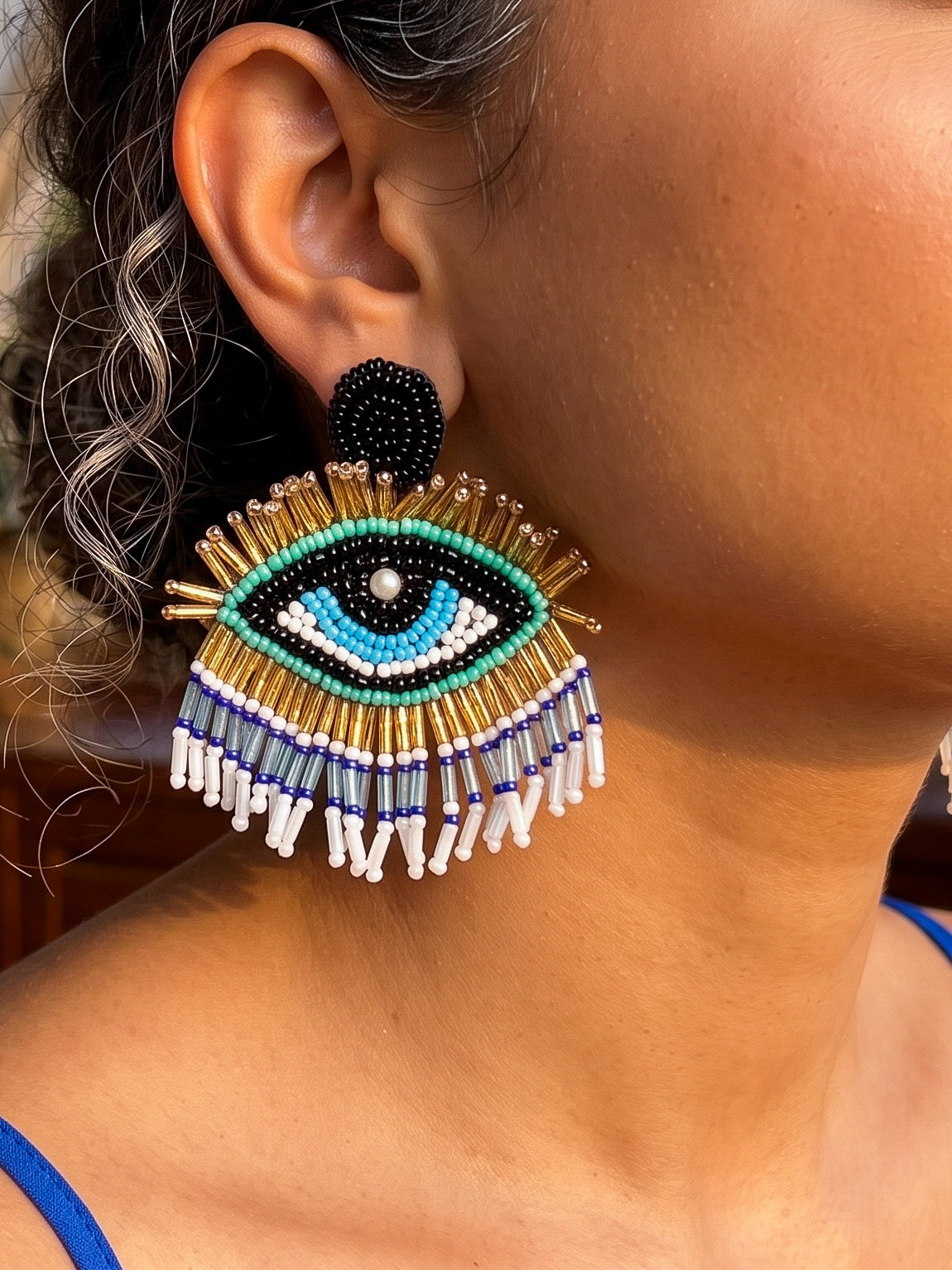 Blue Evil Eye Elegance Handmade Beaded Earrings