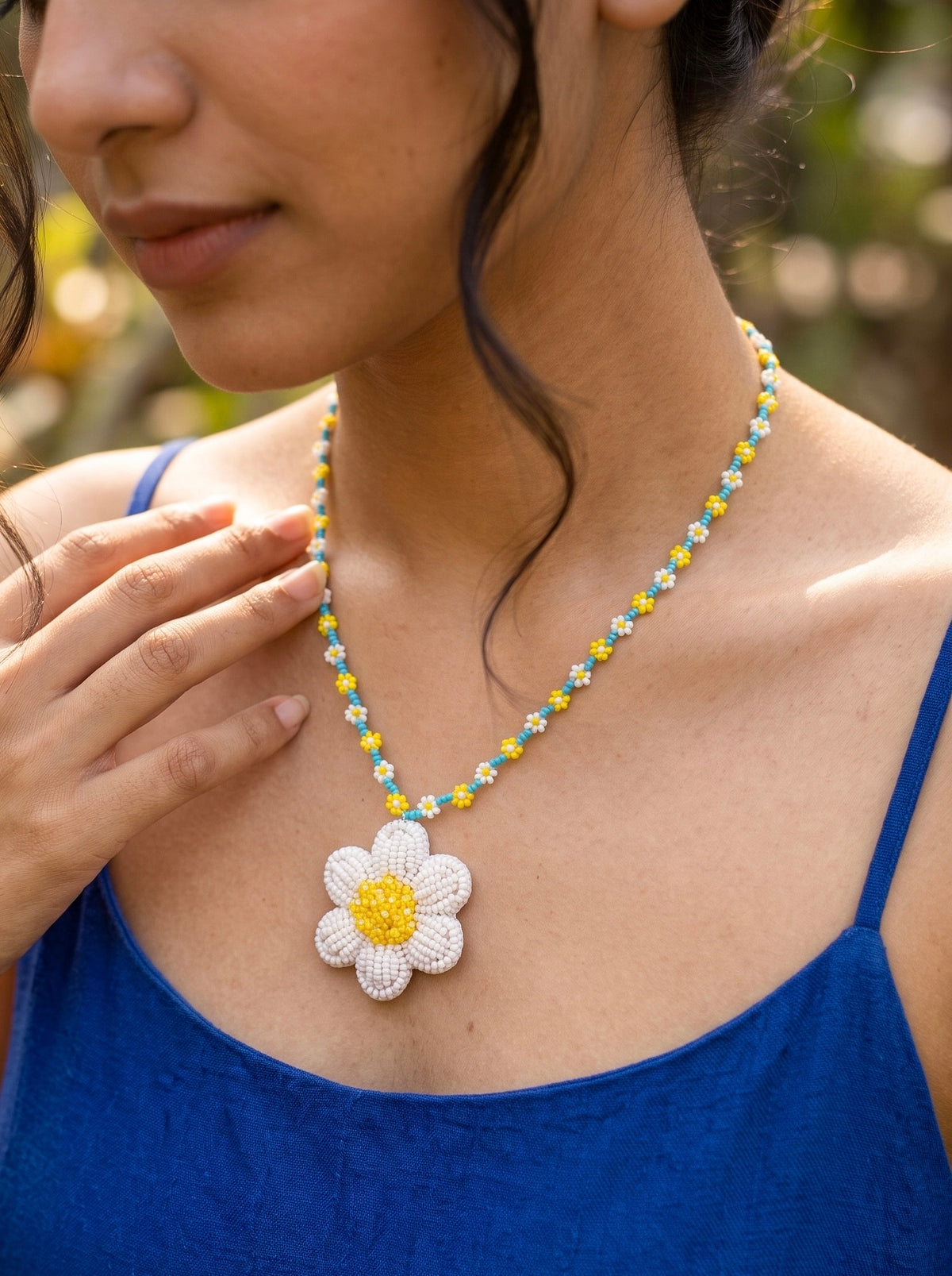 Spring Bloom Blue Yellow White Daisy Handmade Beaded Necklace