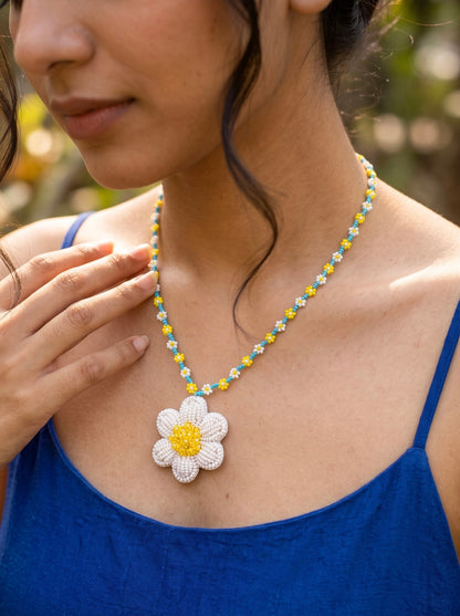 Spring Bloom Blue Yellow White Daisy Handmade Beaded Necklace