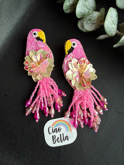Luxe Paradise Pink Parrot Handmade Beaded Bird Earrings