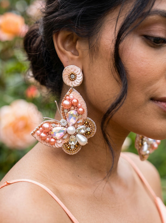 Luxe Crystal Peach Handmade Beaded Butterfly Earrings