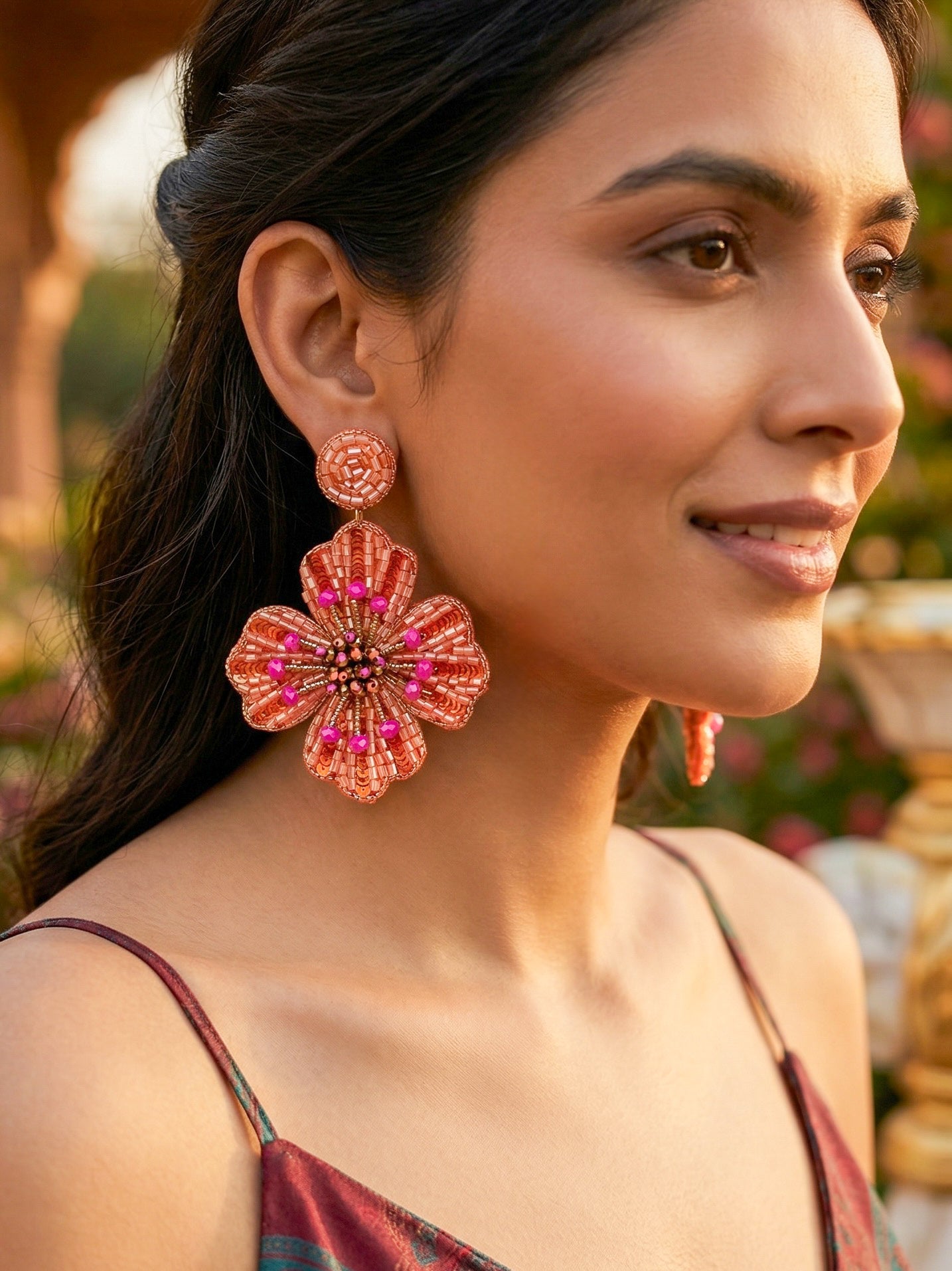 Sunset Orange Glow Flower Handmade Beaded Earrings