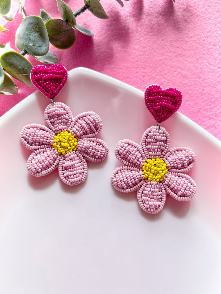 Blush Pink Daisy Love Handmade Beaded Flower Earrings