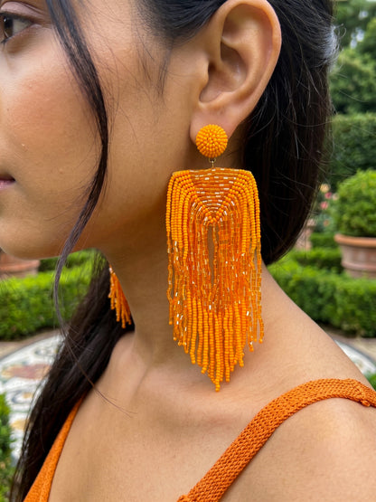 Luxe Sunset Orange Handmade Beaded Tassel Earrings