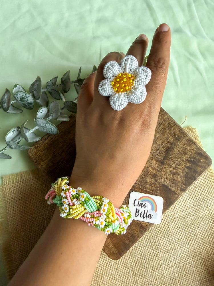 Luxe Flora Green Pink Yellow Handmade Beaded Bracelet + Ring Combo