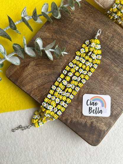 Spring Bloom Yellow White Daisy Handmade Beaded Bracelet