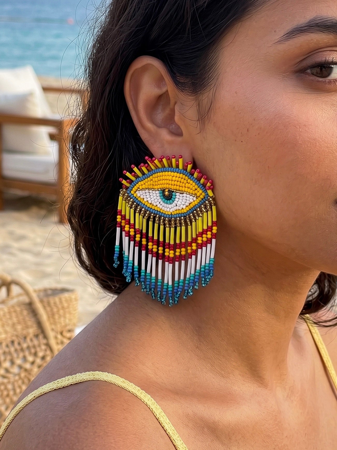 Golden Gaze Yellow Pink Evil Eye Handmade Beaded Tassel Earrings