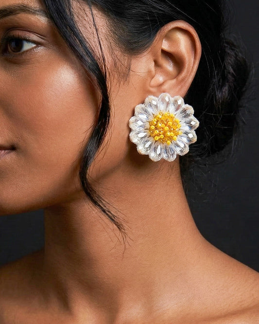 Sparkling White Daisy Stud Handmade Beaded Flower Earrings