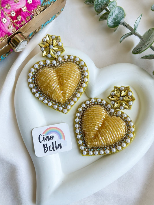 Ishqiya Yellow Heart Drop Handmade Beaded Earrings