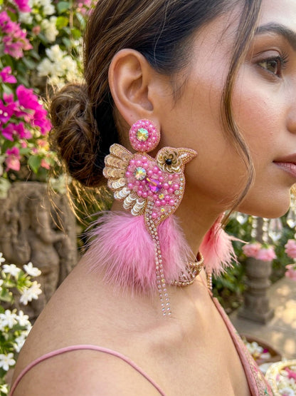 Glamorous Pink Birdies Handmade Beaded Bird Earrings