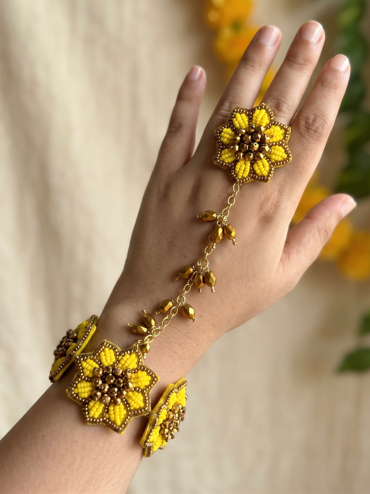 Sunflower Handmade Beaded Hathphool (Single Hand)