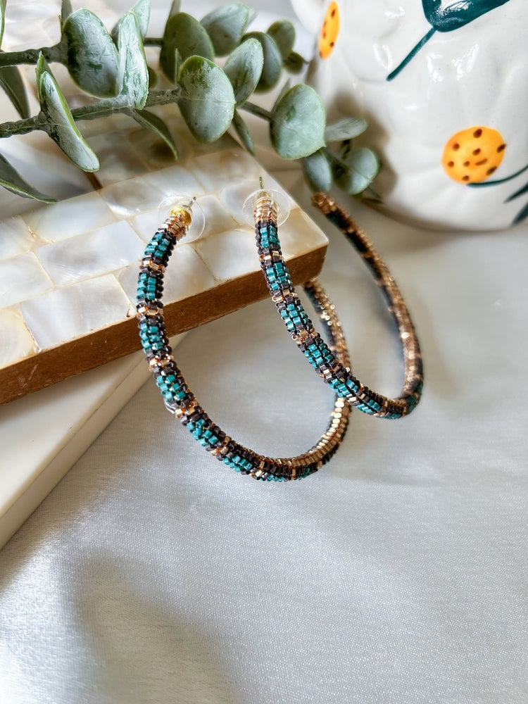 Golden Teal Fusion Hoop Handmade Beaded Earrings