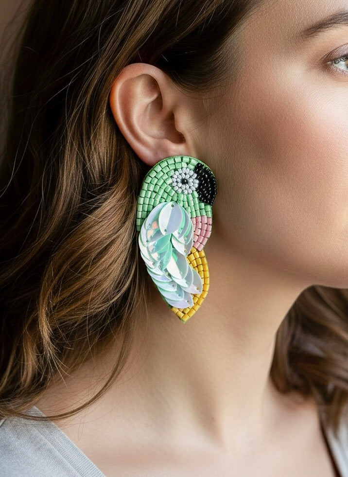 Green Parrot Handmade Beaded Bird Earrings