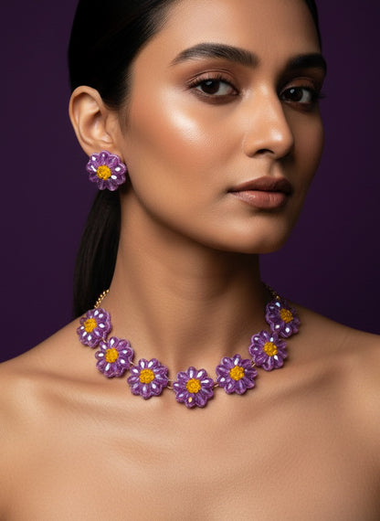 Sparkling Lilac Daisy Handmade Beaded Necklace + Earrings Set