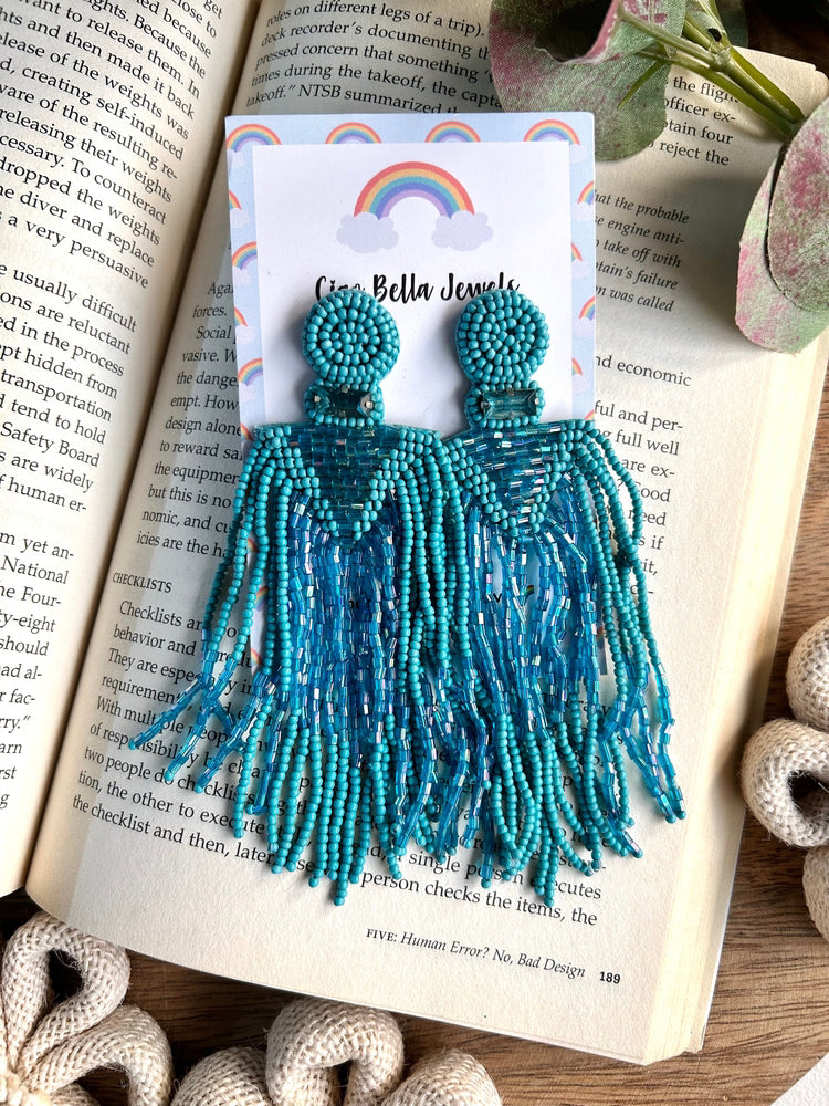 Tropical Teal Handmade Beaded Tassel Earrings