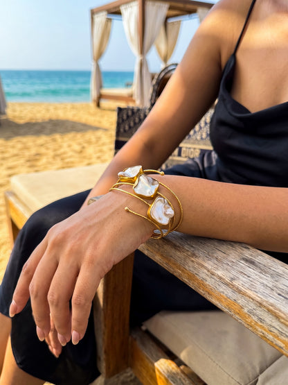 Golden Tide Mother of Pearl Handmade Brass Cuff Bracelet