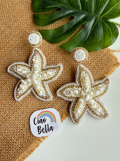 Ivory Pearl Glam Starfish Handmade Beaded Earrings