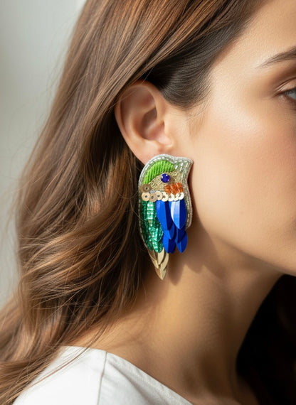 Chirpy Forest Green Blue Parrot Handmade Beaded Bird Earrings