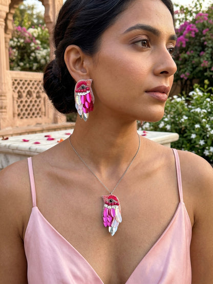Chirpy Blush Pink Parrot Handmade Beaded Necklace + Earrings Set