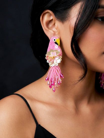 Luxe Paradise Pink Parrot Handmade Beaded Bird Earrings