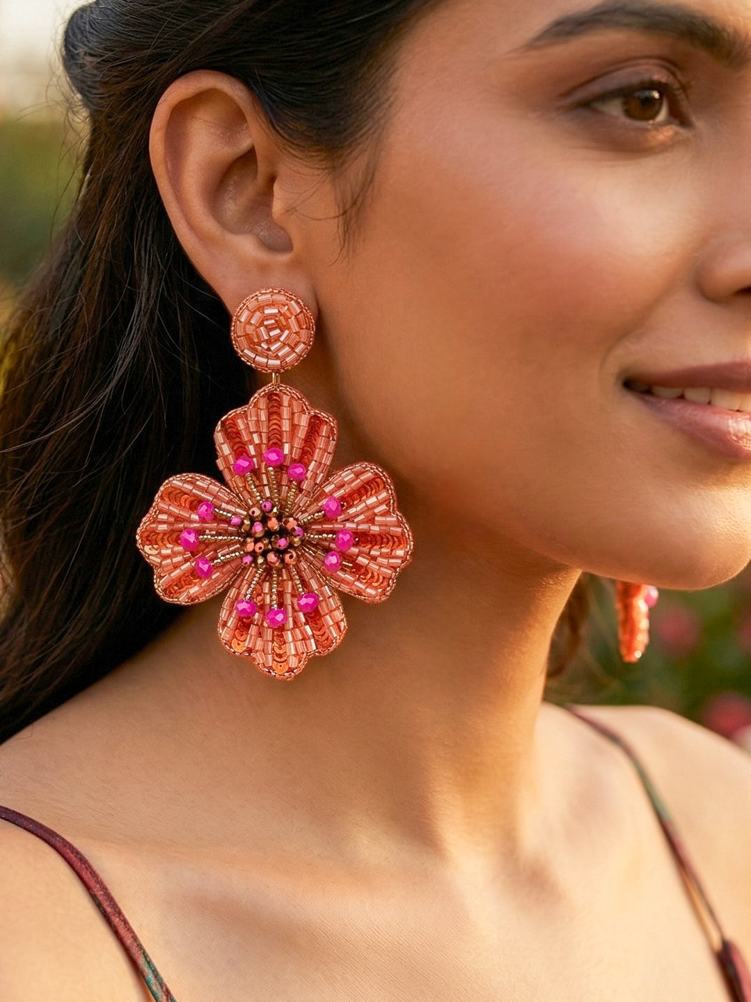 Sunset Orange Glow Flower Handmade Beaded Earrings