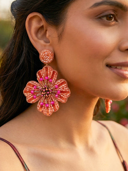 Sunset Orange Glow Flower Handmade Beaded Earrings
