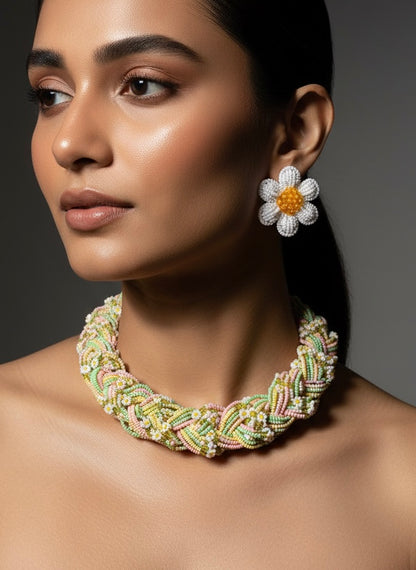 Luxe Flora Green Pink Yellow Handmade Beaded Necklace + Earrings Set