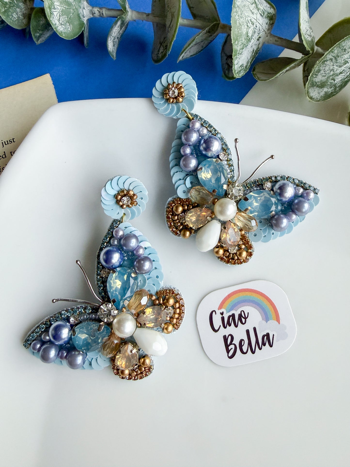 Luxe Crystal Blue Handmade Beaded Butterfly Earrings