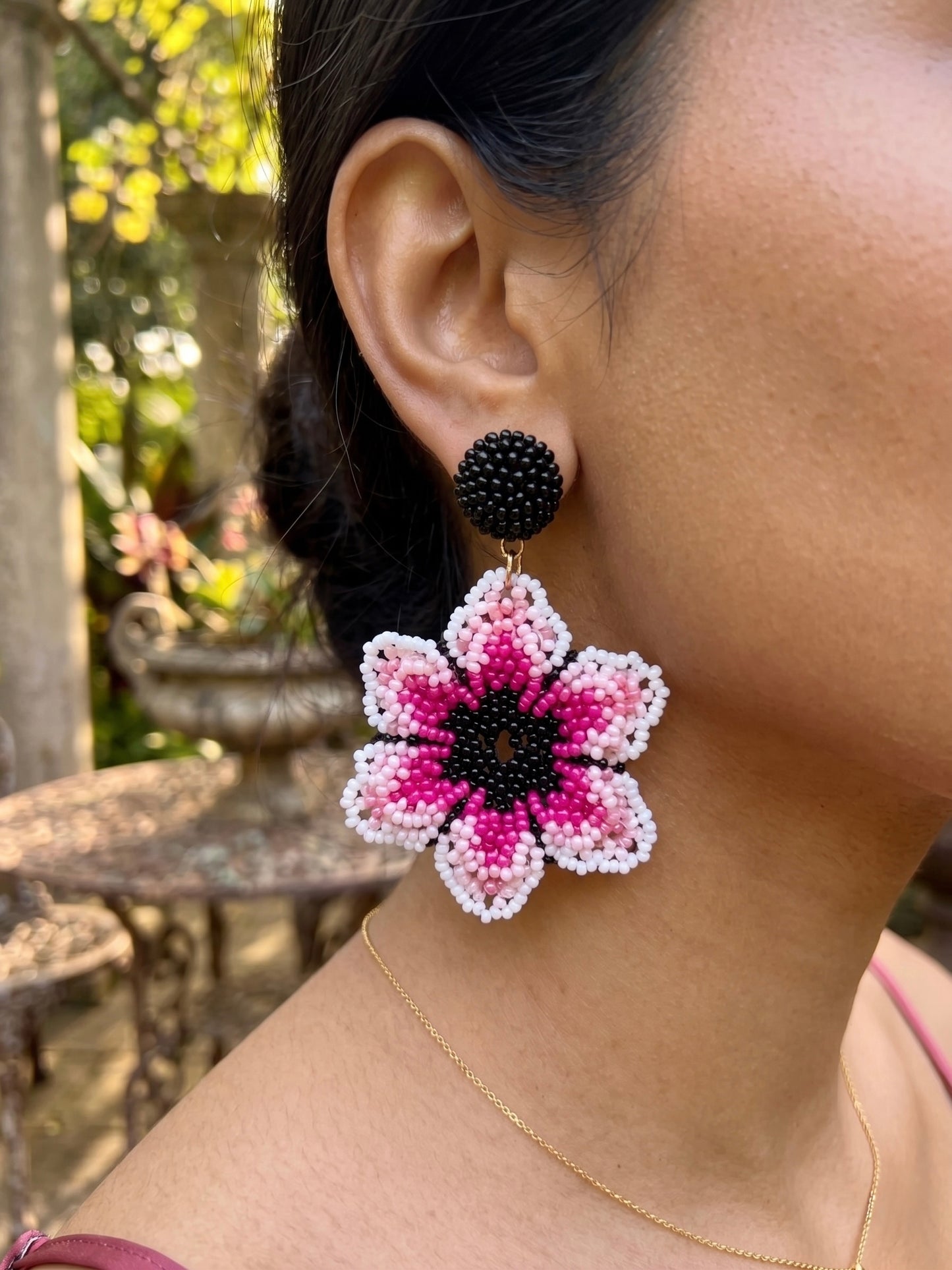 Blossoming Pink Flower Handmade Beaded Earrings