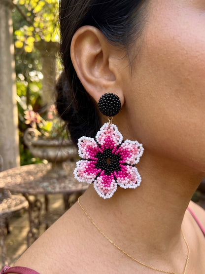 Blossoming Pink Flower Handmade Beaded Earrings
