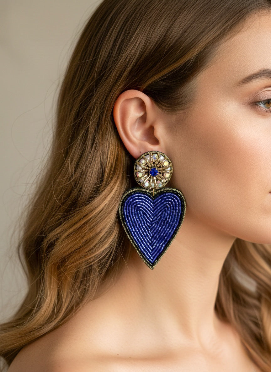 Glam Blue Heart Drop Handmade Beaded Earrings