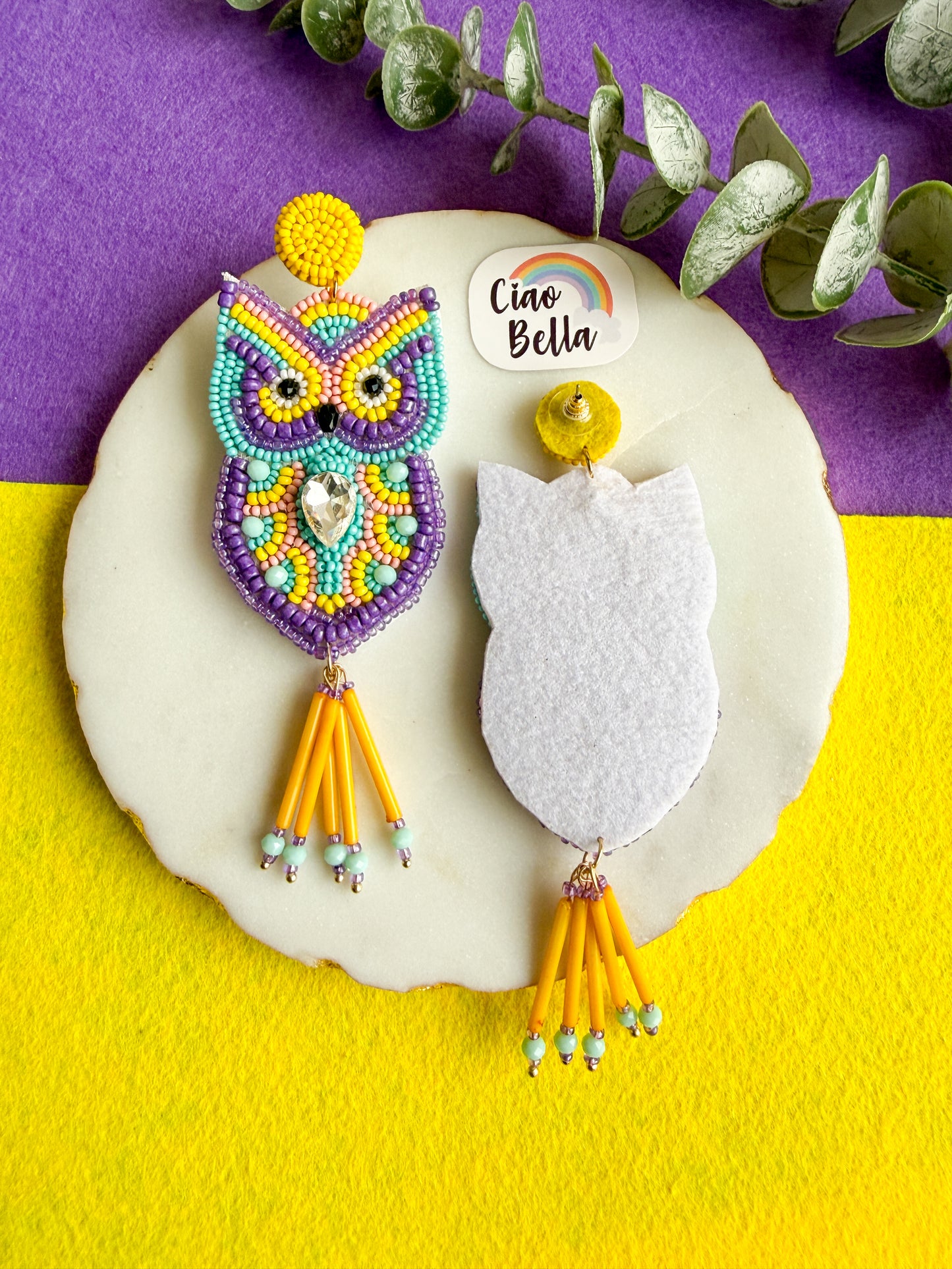 Chirpy Owl Yellow Handmade Beaded Bird Earrings