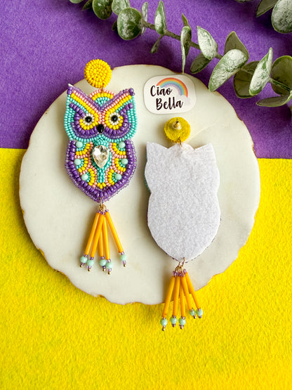 Chirpy Owl Yellow Handmade Beaded Bird Earrings