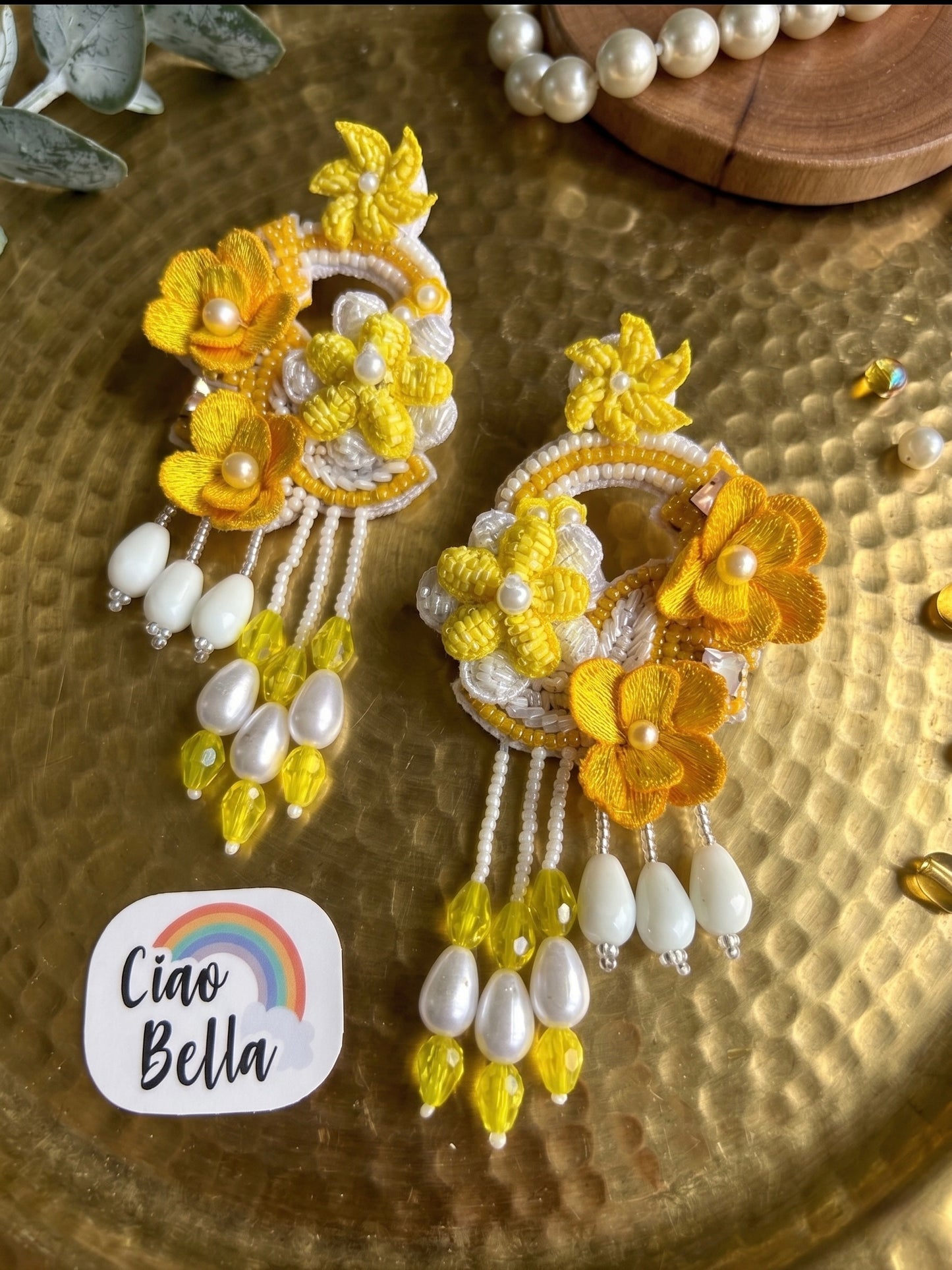 Golden Yellow Tulip 3D Flower Statement Handmade Beaded Earrings