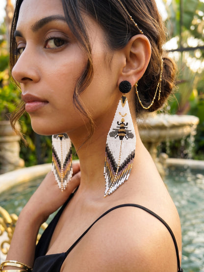 Amber White Bee Handmade Beaded Tassel Earrings
