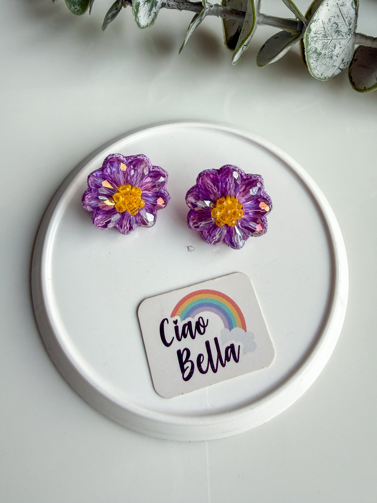 Sparkling Lilac Daisy Handmade Beaded Necklace + Earrings Set