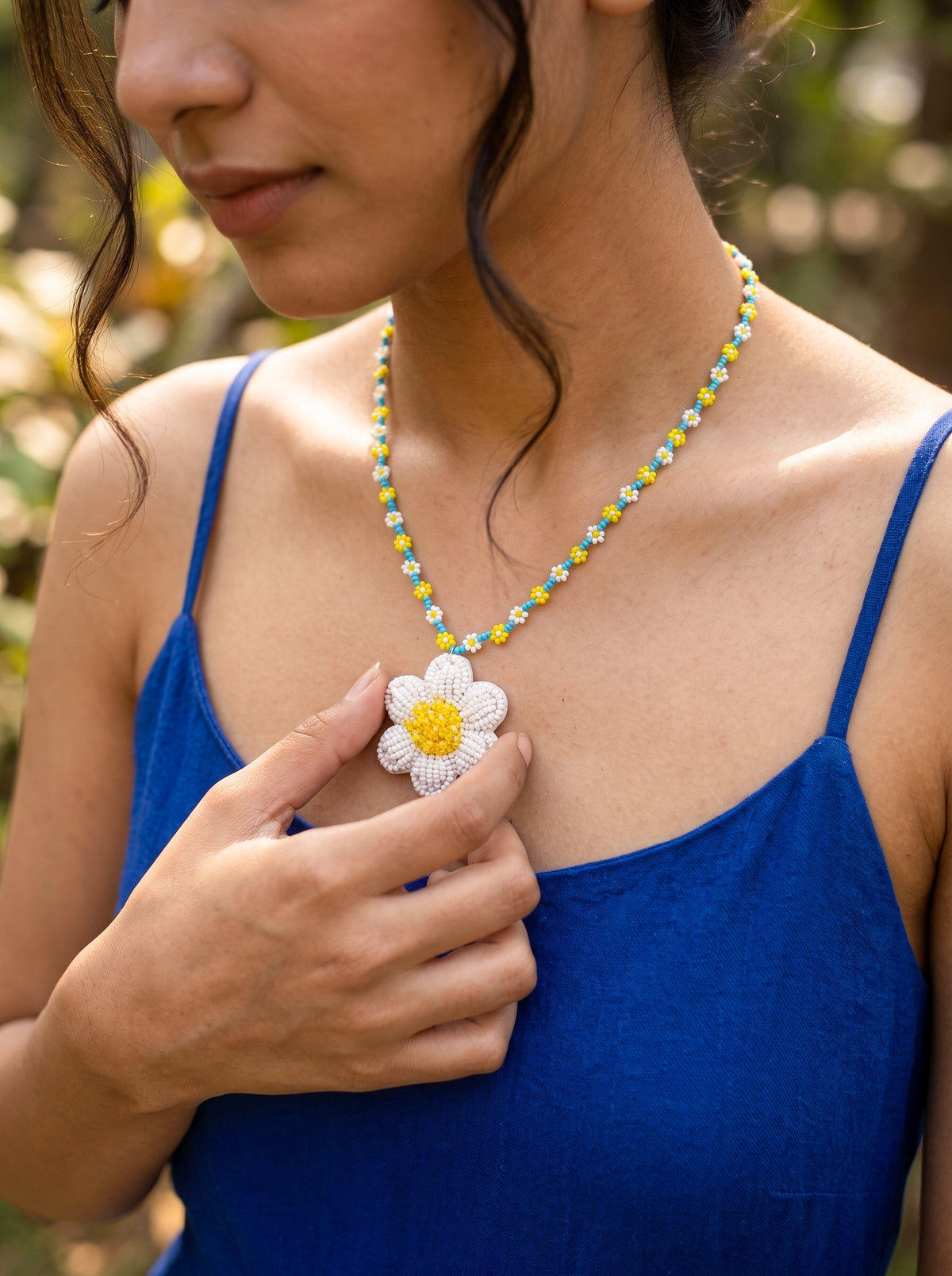 Spring Bloom Blue Yellow White Daisy Handmade Beaded Necklace