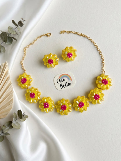 Sparkling Yellow Pink Daisy Handmade Beaded Necklace + Earrings Set