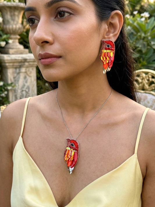 Chirpy Sunset Orange Parrot Handmade Beaded Necklace + Earrings Set