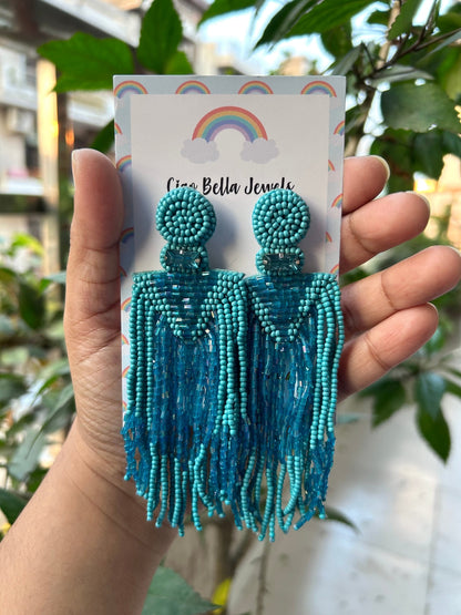 Tropical Teal Handmade Beaded Tassel Earrings