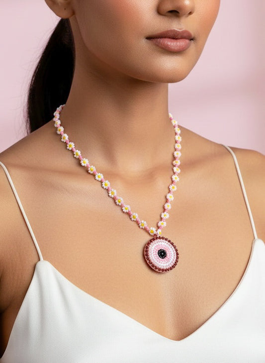Blush Pink Evil Eye Handmade Beaded Necklace