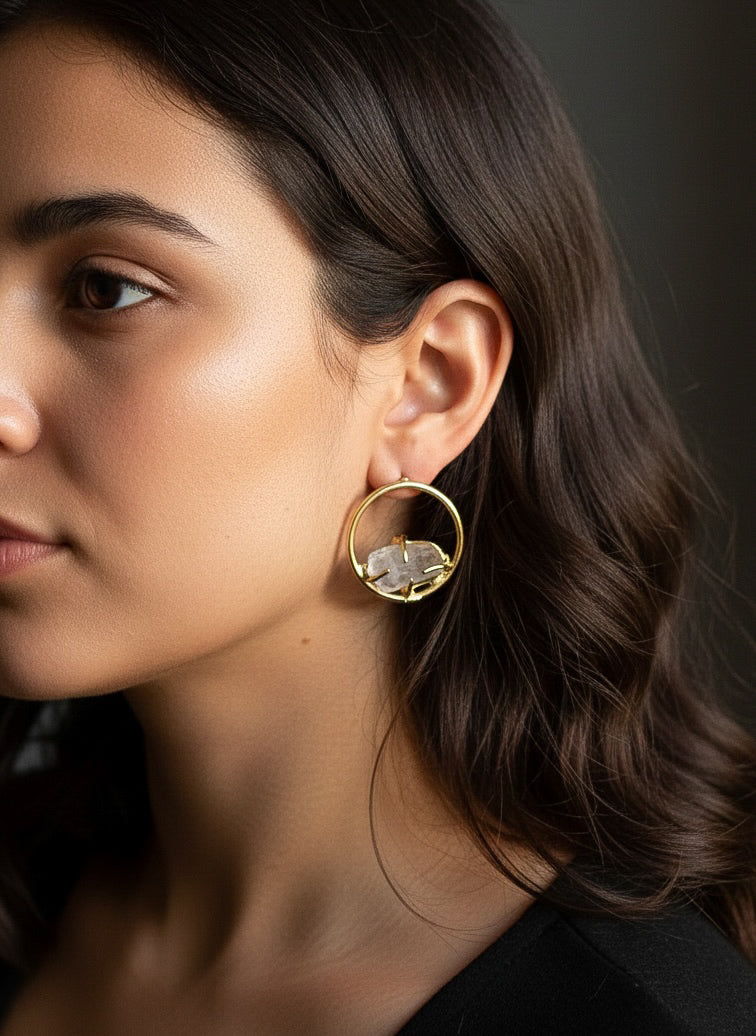 Sera White Round Stud Handmade Brass Earrings