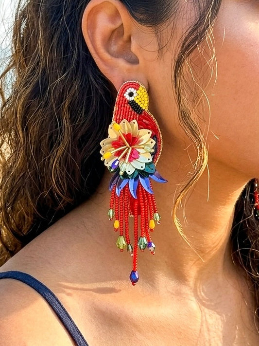 Luxe Paradise Red Parrot Handmade Beaded Bird Earrings