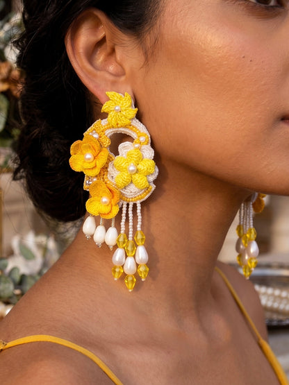 Golden Yellow Tulip 3D Flower Statement Handmade Beaded Earrings