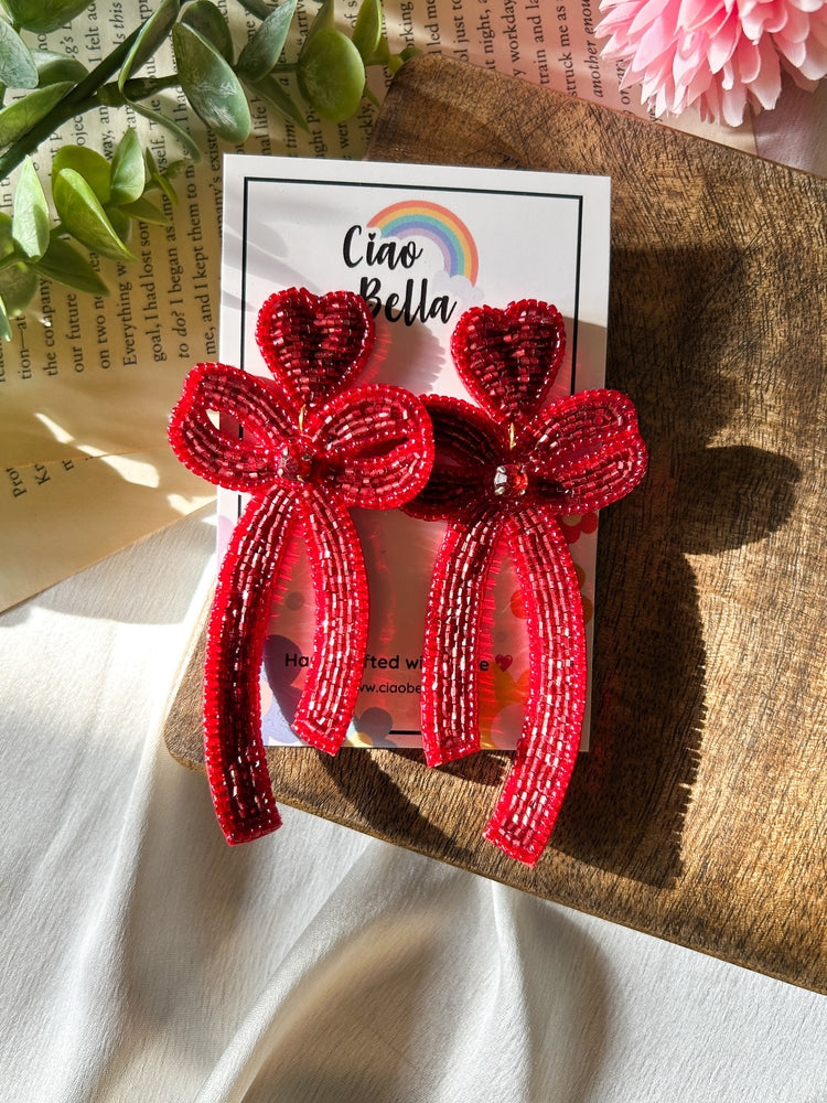 Glam Bow (Deep Red) Handmade Beaded Earrings