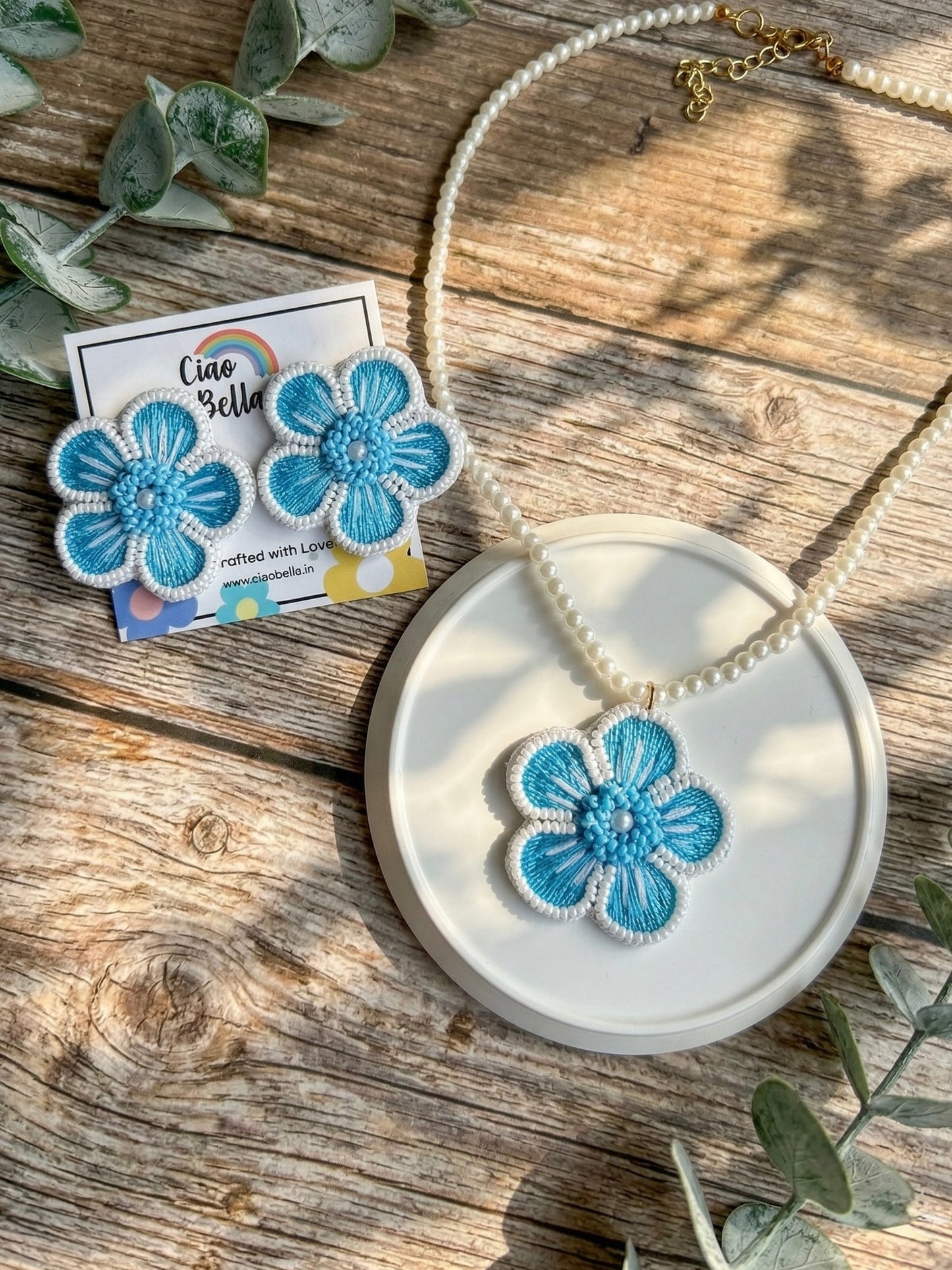 Aqua Blue Blossom Flower Handmade Beaded Necklace + Earrings Set