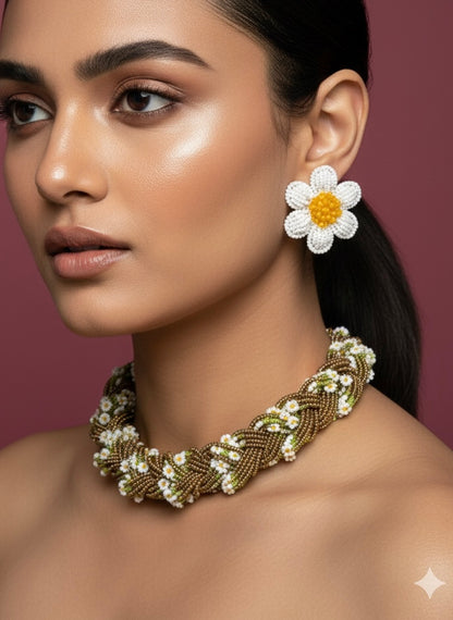 Luxe Flora Antique Brown Gold Handmade Beaded Necklace + Earrings Set