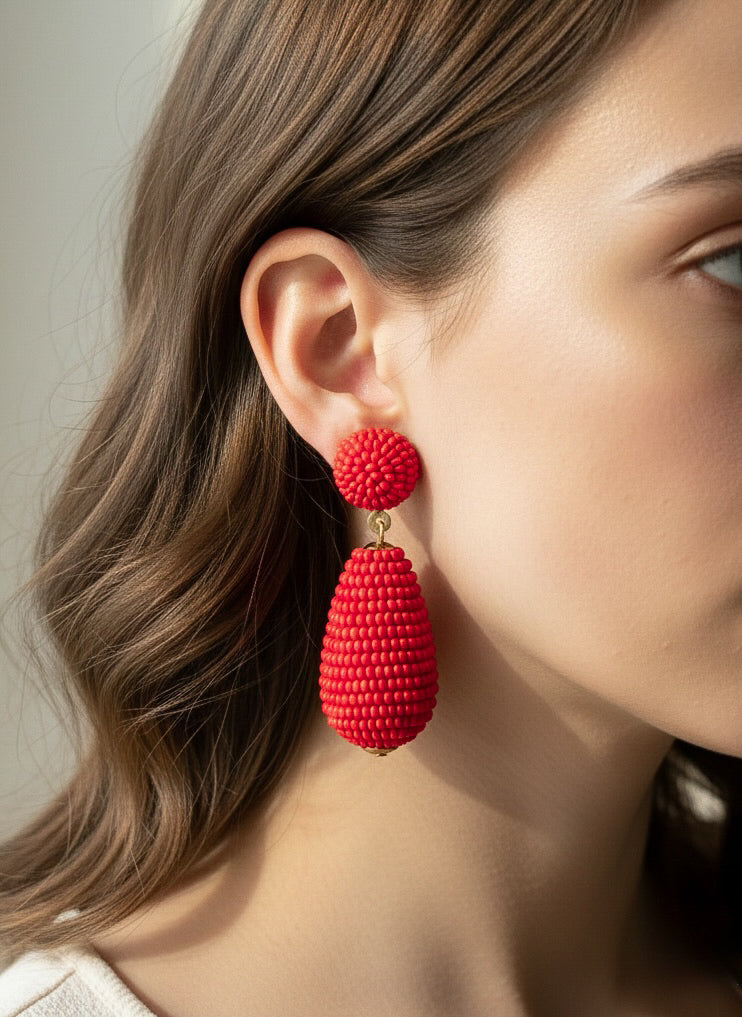 Scarlet Red Drop Handmade Beaded Earrings
